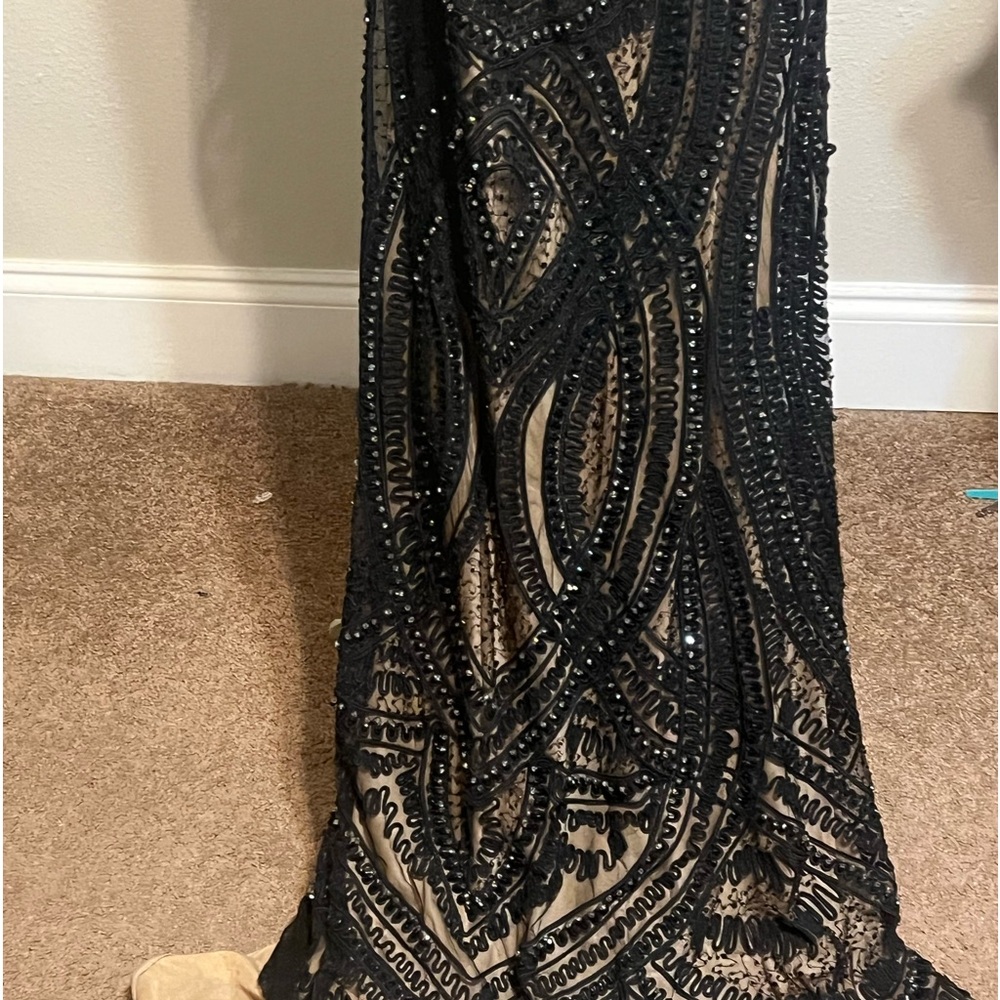 Woman ball gown, gorgeous beadwork. Spaghetti straps, black, lined with nude